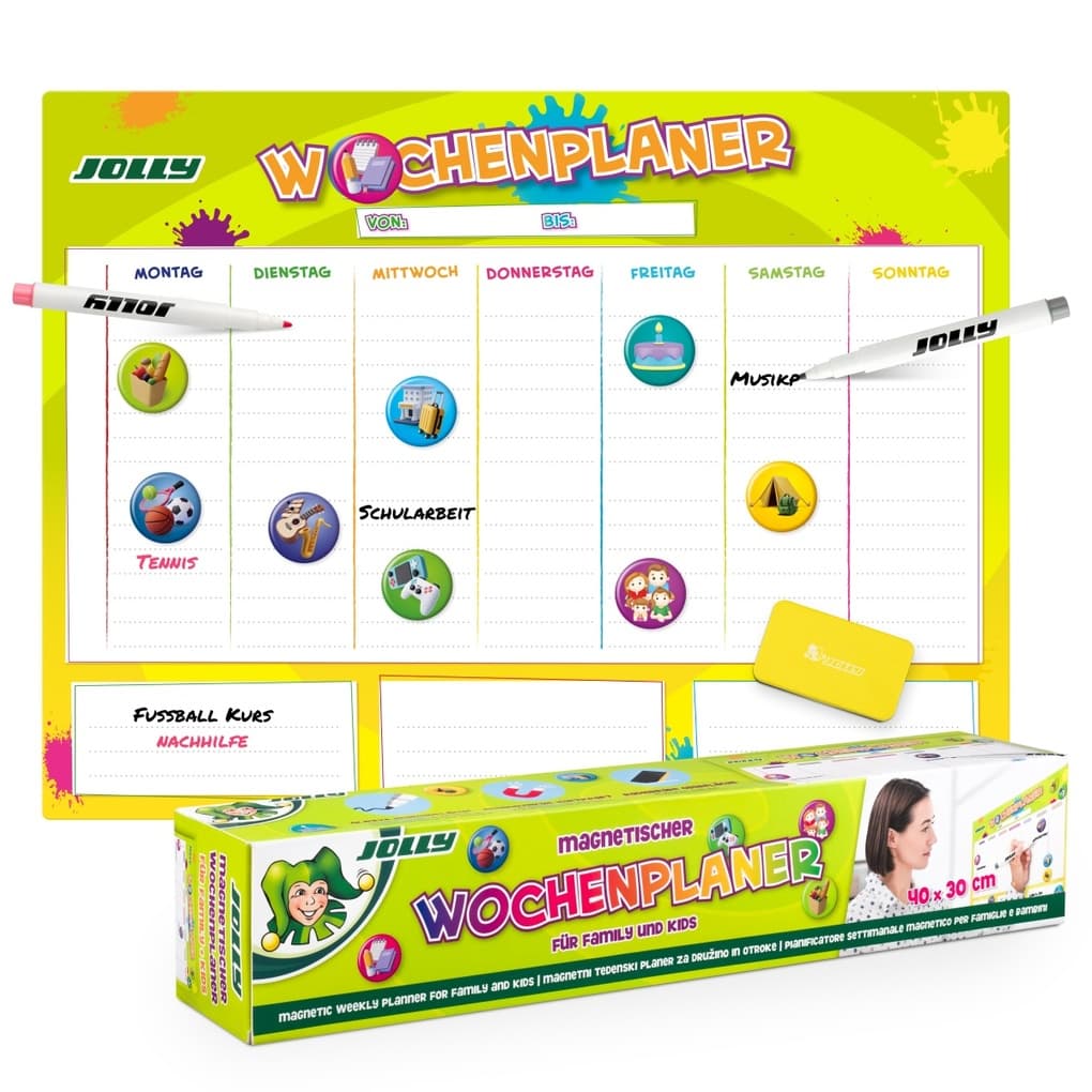 JOLLY Wochenplaner Set: Magnettafel, 2x Marker, Radierer & 9x Magneticons