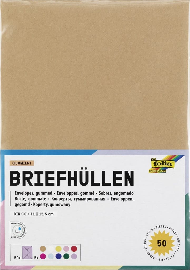 Folia Briefhüllen, Briefumschläge, Kuverts, gummiert, ca. 11 x 15,5 cm, passend für DIN A6, 50 Stück