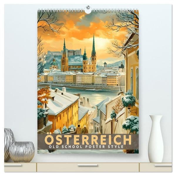 Österreich - Old School Poster Style (hochwertiger Premium Wandkalender 2027 DIN A2 hoch), Kunstdruck in Hochglanz
