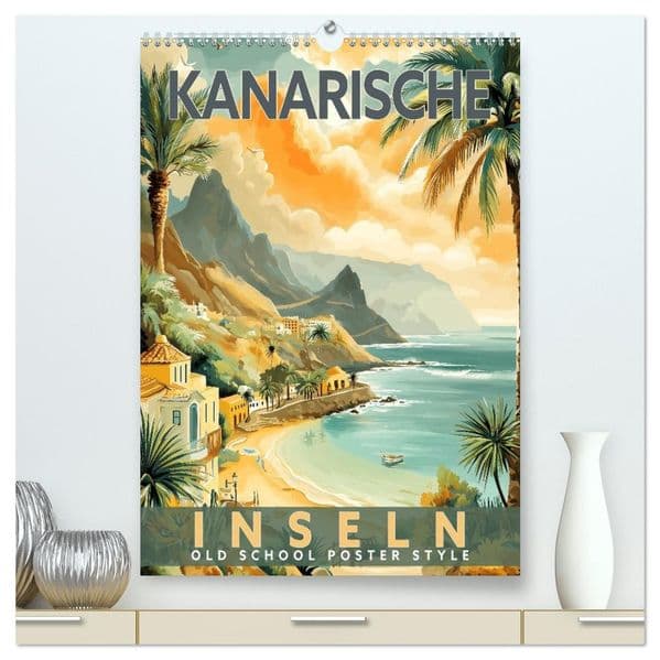 Kanarische Inseln - Old School Poster Style (hochwertiger Premium Wandkalender 2027 DIN A2 hoch), Kunstdruck in Hochglanz