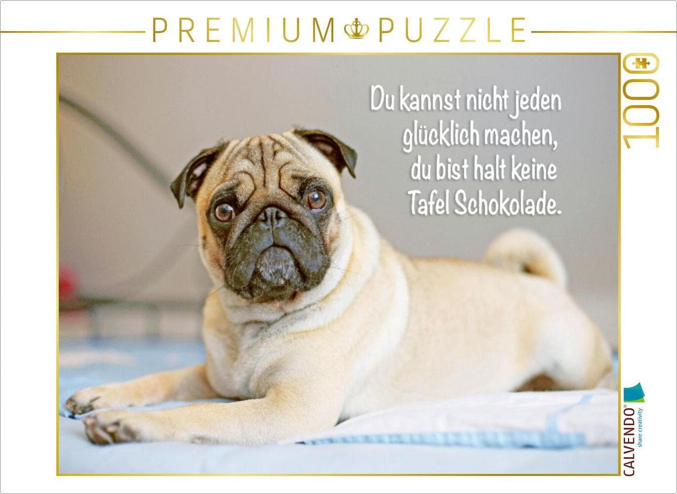 CALVENDO Puzzle Mops Welpe liegt völlig relaxed auf dem Bett | 1000 Teile Lege-Größe 64x48cm Foto-Puzzle für glückliche Stunden
