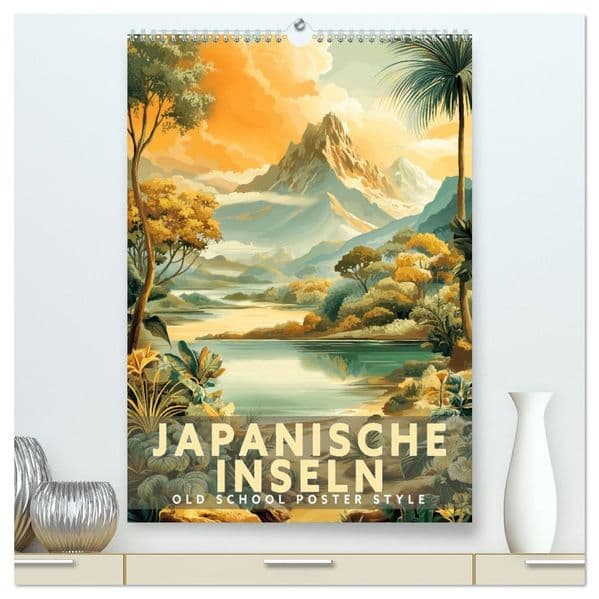 Japanische Inseln - Old School Poster Style (hochwertiger Premium Wandkalender 2027 DIN A2 hoch), Kunstdruck in Hochglanz