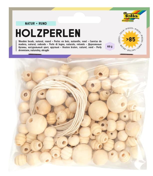 FOLIA Holzperlen NATUR RUND, 84 Stück in 4 verschiedenen Größen, zum Basteln von Ketten und Armbändern, inkl. 2 Schnüre je ca. 85 cm