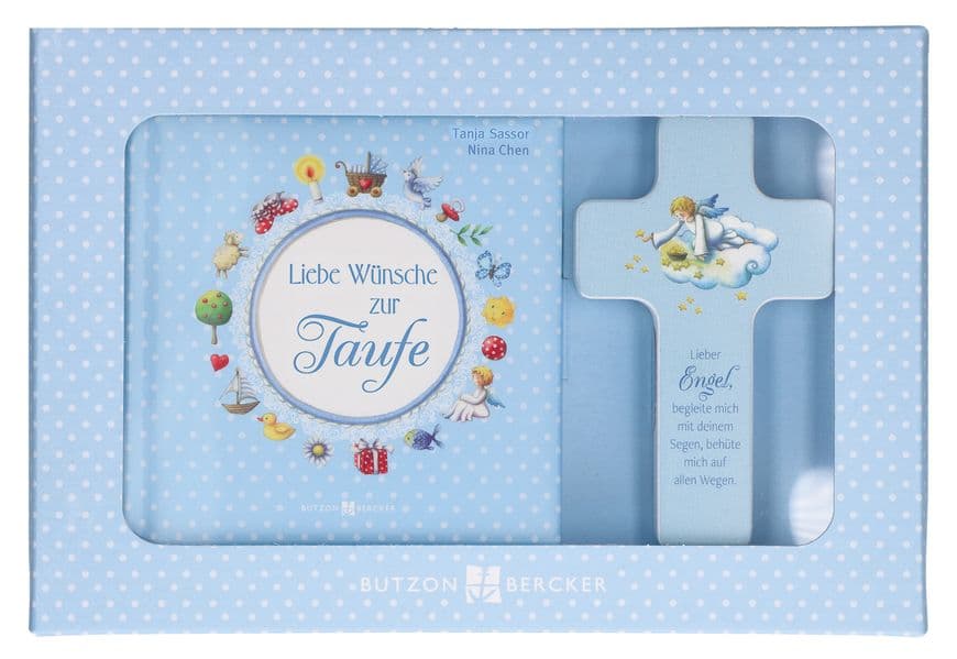 Liebe Wünsche zur Taufe. Geschenkset blau