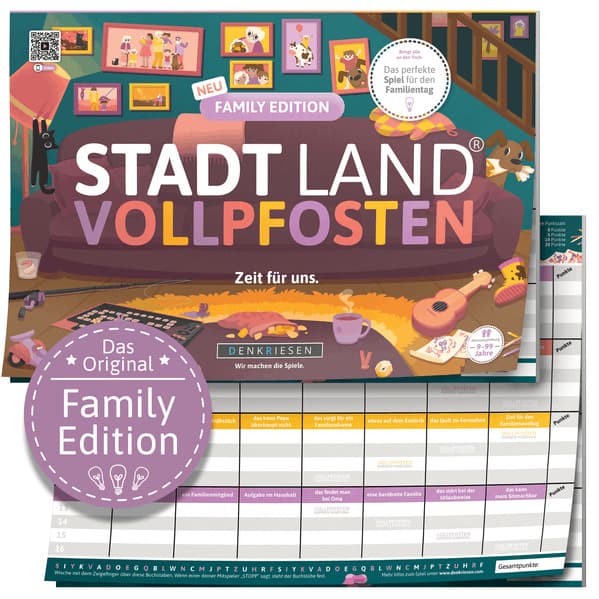 DENKRIESEN - Stadt Land Vollpfosten® Family Edition - "Zeit für uns." | A4 Spielblock
