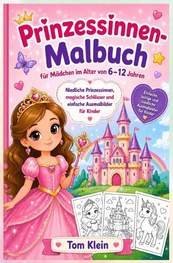 Prinzessinnen-Malbuch für Mädchen im Alter von 6-12 Jahren: Einfache, lustige und niedliche Ausmalbilder für Kinder