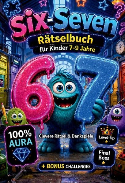 67 Six-Seven Rätselbuch für Kinder (7-9): Clevere Rätsel & Denkspiele & 100% Aura: Level-Up-Missionen & Final Boss +Bonus-Challenges | Tolles Geschenk für Geburtstag, Ostern und Weihnachten