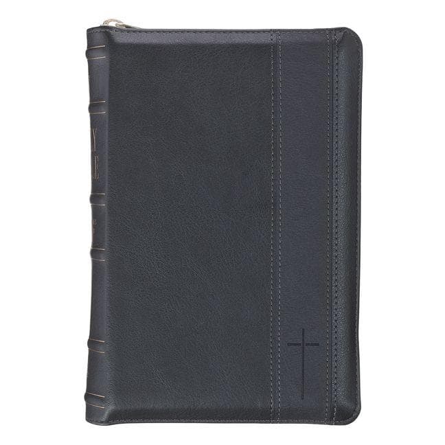 KJV Bible Personal Size Lg Print W/Zip Faux Leather Two-Tone Black/DK Gray