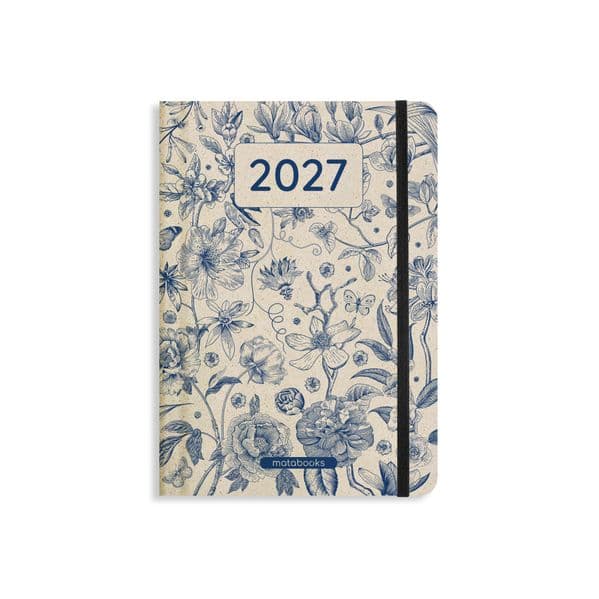 Kalender 2027 A5 Pro aus Süßgraspapier mit Graspapier-Cover - Jahresplaner Samaya - Farbe: Vintage Blue - matabooks