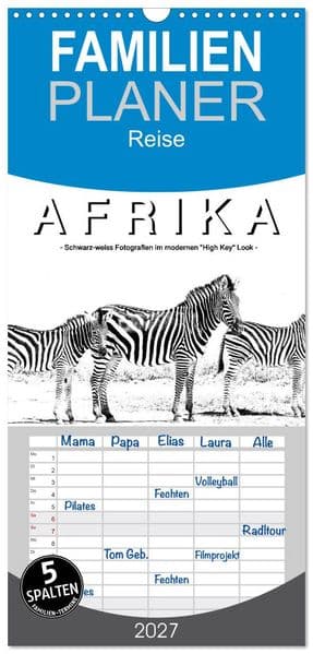 Familienplaner 2027 - AFRIKA - Schwarz-weiss Fotografien im modernen "High Key" Look mit 5 Spalten (Wandkalender, 21 x 45 cm) CALVENDO