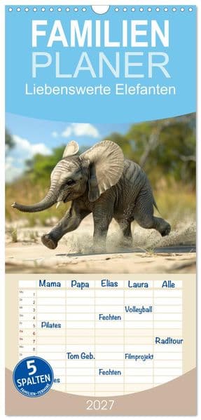 Familienplaner 2027 - Liebenswerte Elefanten mit 5 Spalten (Wandkalender, 21 x 45 cm) CALVENDO