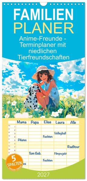 Familienplaner 2027 - Anime-Freunde - Terminplaner mit niedlichen Tierfreundschaften mit 5 Spalten (Wandkalender, 21 x 45 cm) CALVENDO