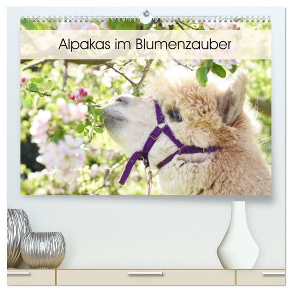 Alpakas im Blumenzauber (hochwertiger Premium Wandkalender 2027 DIN A2 quer), Kunstdruck in Hochglanz