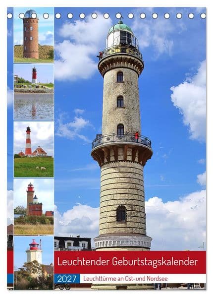 Leuchtender Geburtstagskalender - Leuchttürme an Ost-und Nordsee (Tischkalender 2027 DIN A5 hoch), CALVENDO Monatskalender