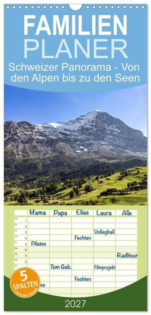 Familienplaner 2027 - Schweizer Panorama - Von den Alpen bis zu den Seen mit 5 Spalten (Wandkalender, 21 x 45 cm) CALVENDO