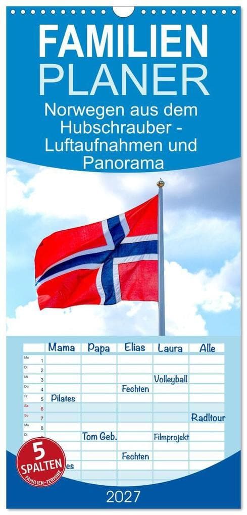 Familienplaner 2027 - Norwegen aus dem Hubschrauber - Luftaufnahmen und Panorama mit 5 Spalten (Wandkalender, 21 x 45 cm) CALVENDO