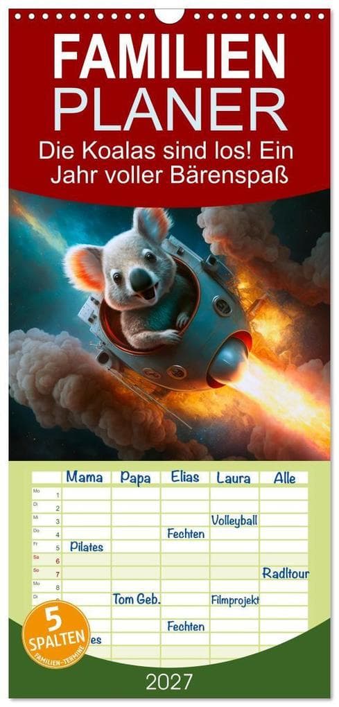 Familienplaner 2027 - Die Koalas sind los! Ein Jahr voller Bärenspaß mit 5 Spalten (Wandkalender, 21 x 45 cm) CALVENDO