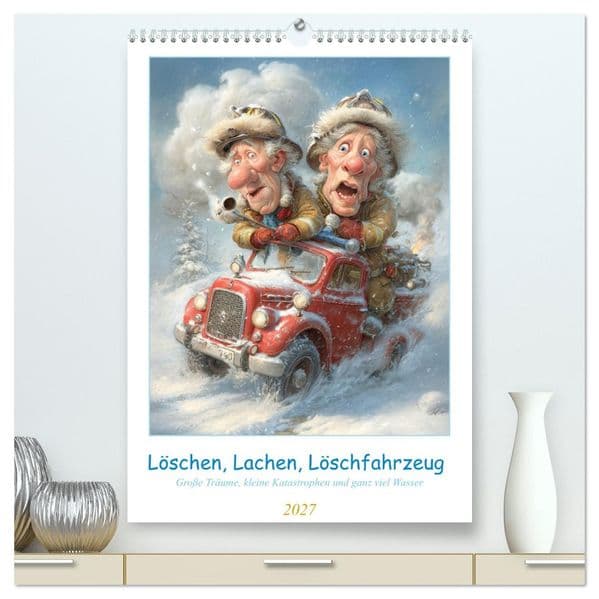 Löschen, Lachen, Löschfahrzeug (hochwertiger Premium Wandkalender 2027 DIN A2 hoch), Kunstdruck in Hochglanz
