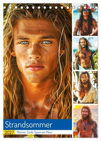 Strandsommer. Männer. Coole Typen am Meer (Tischkalender 2027 DIN A5 hoch), CALVENDO Monatskalender: Sonnenbräune, Meeresbrise und schöne Jungs an Stränden