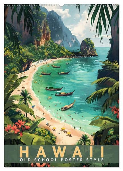 Hawaii - Old School Poster Style (Wandkalender 2027 DIN A2 hoch), CALVENDO Monatskalender