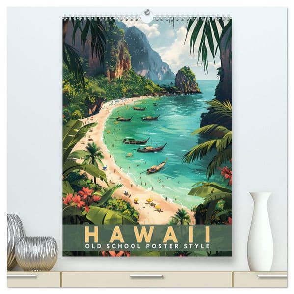 Hawaii - Old School Poster Style (hochwertiger Premium Wandkalender 2027 DIN A2 hoch), Kunstdruck in Hochglanz