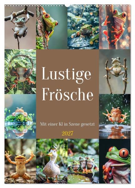 Lustige Frösche (Wandkalender 2027 DIN A2 hoch), CALVENDO Monatskalender: Diese fröhlichen Amphibien verbreiten Freude und bringen die Zuschauer zum Schmunzeln, während sie sich in einem humorvollen Abenteuer voller Quatsch und Spaß befinden.
