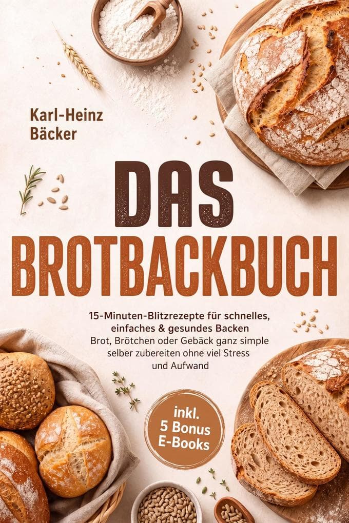 Das Brotbackbuch: 15-Minuten-Blitzrezepte für schnelles, einfaches & gesundes Backen - Brot, Brötchen oder Gebäck ganz simple selber zubereiten ohne viel Stress und Aufwand - inkl. 5 Bonus E-Books