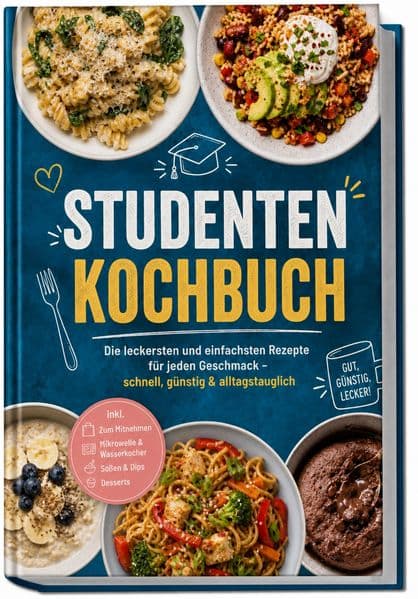 Studenten Kochbuch: Die leckersten und einfachsten Rezepte für jeden Geschmack - schnell, günstig & alltagstauglich - inkl. Zum Mitnehmen, Mikrowelle & Wasserkocher, Soßen & Dips, Desserts