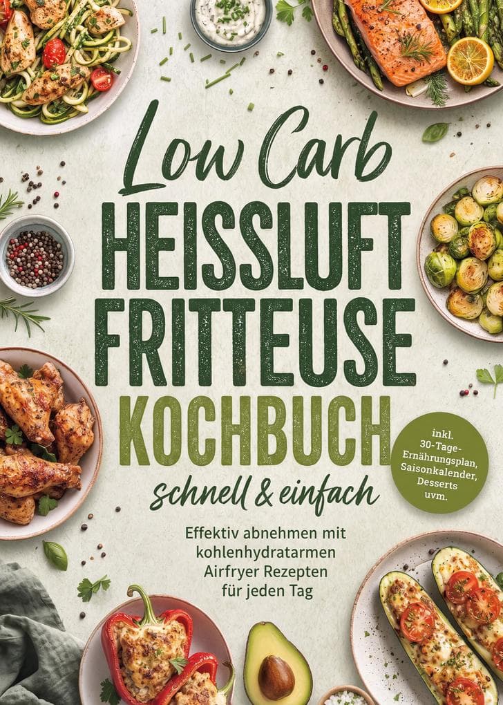 Low Carb Heißluftfritteuse Kochbuch - schnell & einfach: Effektiv abnehmen mit kohlenhydratarmen Airfryer Rezepten für jeden Tag - inkl. 30-Tage-Ernährungsplan, Saisonkalender, Desserts uvm.