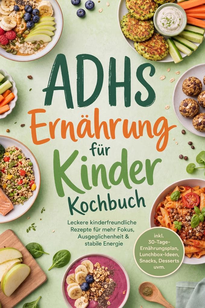 ADHS Ernährung für Kinder Kochbuch: Leckere kinderfreundliche Rezepte für mehr Fokus, Ausgeglichenheit & stabile Energie - inkl. 30-Tage-Ernährungsplan, Lunchbox-Ideen, Snacks, Desserts uvm.