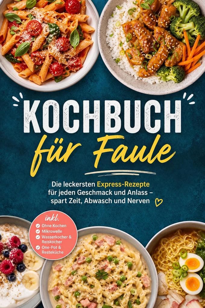 Kochbuch für Faule: Die leckersten Express-Rezepte für jeden Geschmack und Anlass - spart Zeit, Abwasch und Nerven - inkl. Ohne Kochen, Mikrowelle, Wasserkocher & Reiskocher, One-Pot & Resteküche