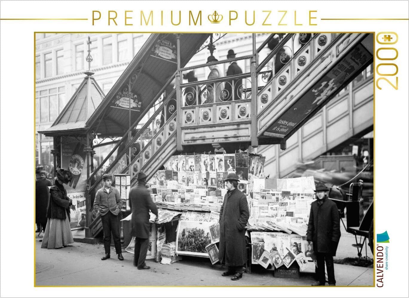 CALVENDO Puzzle Historic New York: Characteristic sidewalk newsstand, Manhattan, 1902 | 2000 Teile Lege-Größe 90 × 67 cm Foto-Puzzle für glückliche Stunden: Zeitungsverkäufer vor Zeitschriftenauslagen an einer eisernen Hochbahntreppe